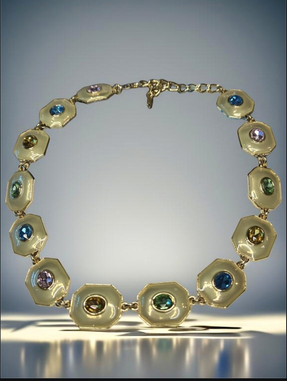 Chunky Gold Plated Pastel Beveled Crystal Statement Necklace